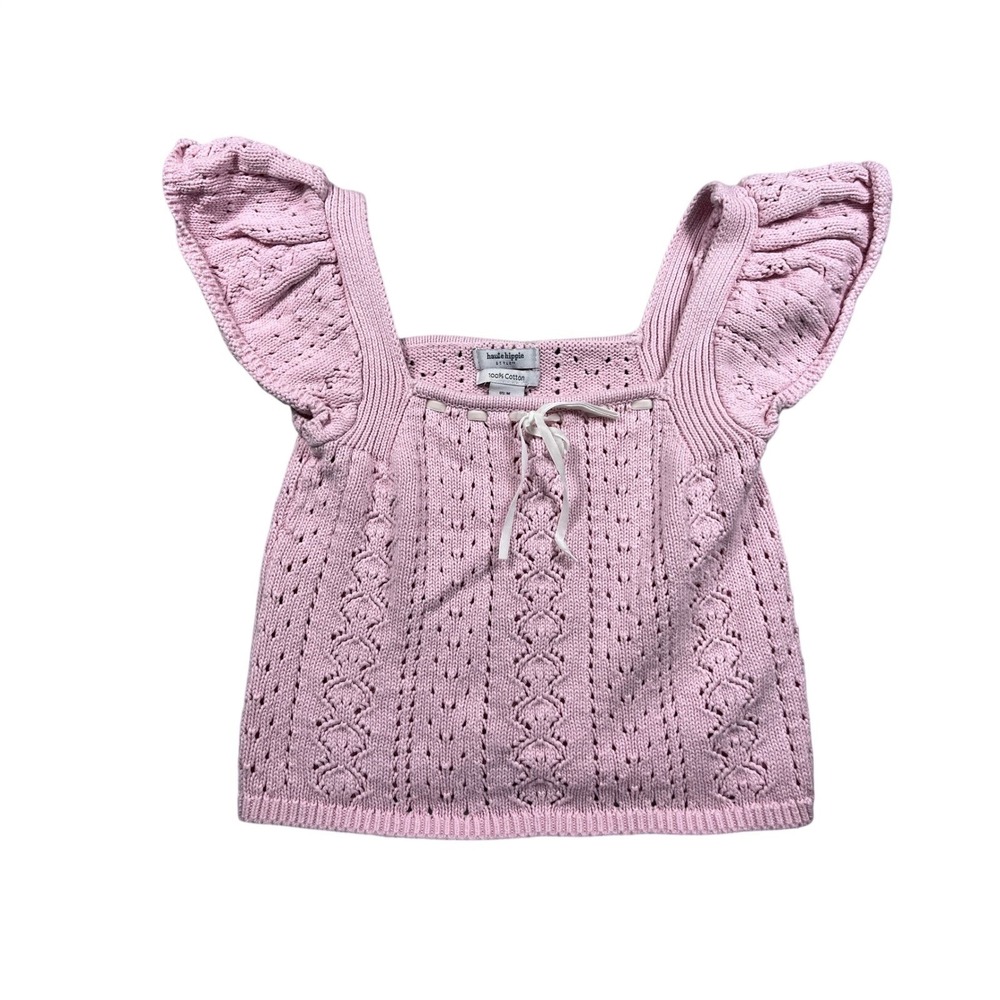 Haute Hippie Womens M Pink 100% Cotton Pointelle Knit Puff Sleeve Sweater Top